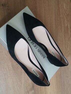 Giorgio Armani Black Suede Pointed Ballet Flats with Blush Insole
